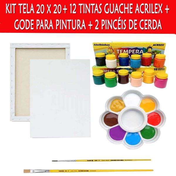 Imagem de Kit Tela Pintura 20x20cm 1 Godê 12 Tinta Guache 2 Pincéis