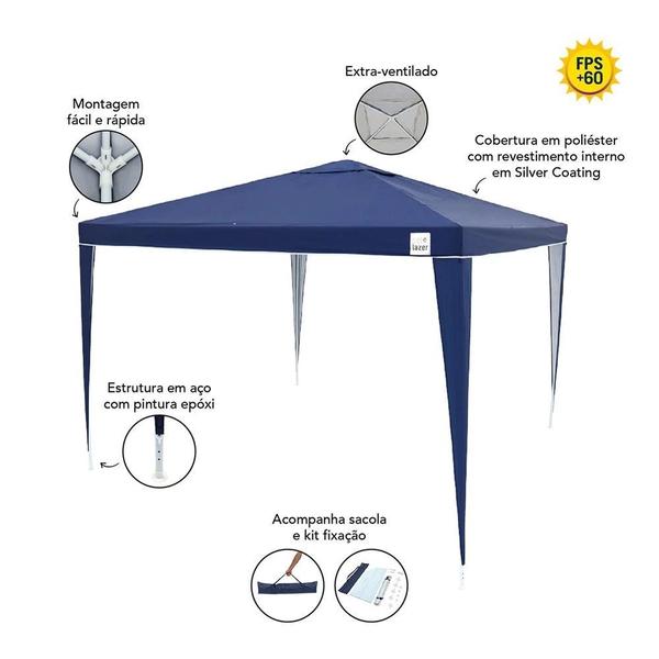 Imagem de Kit Tenda Gazebo de Encaixe 3x3m Azul + 2 Paredes Lateral em Oxford