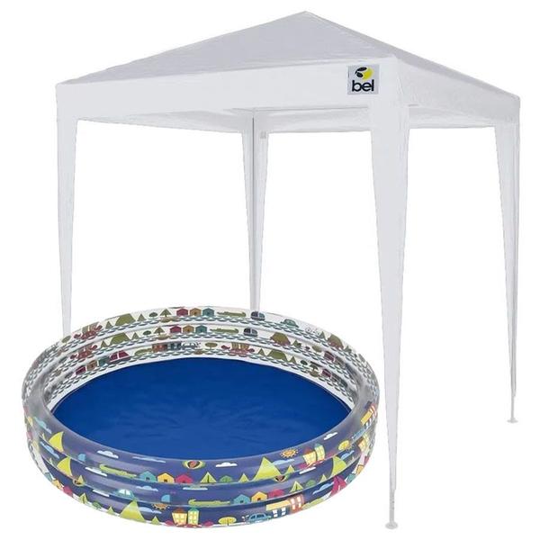 Imagem de Kit Tenda Gazebo Praia 2x2m Branca + Piscina Infantil 450Lts