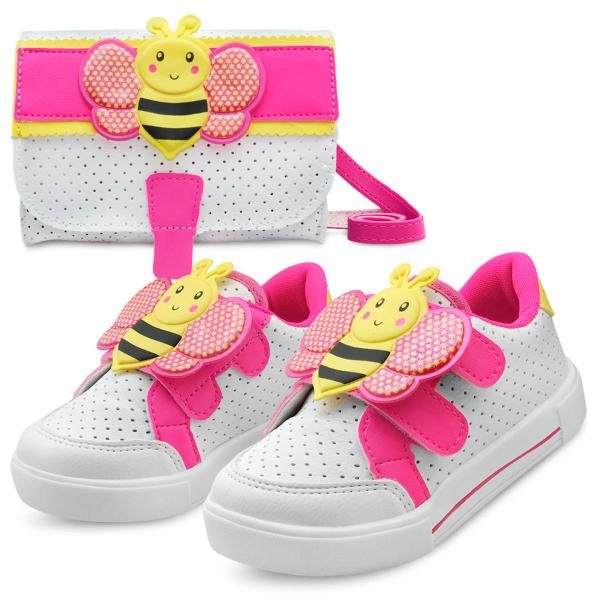 Imagem de Kit Tênis Infantil Menina Com Bolsinha Feminino Abelha Branco/Pink