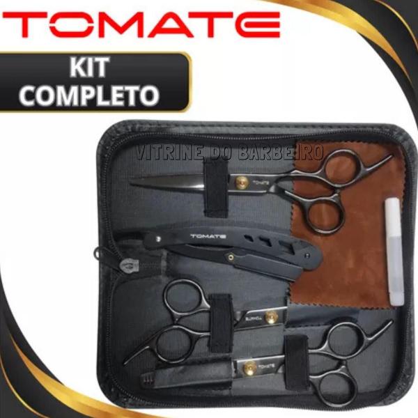 Kit Tesouras + Desbastadeira 6.0 Para Barbearia Cabeleireiro - Tomate Imagem de Kit Tesouras + Desbastadeira 6.0 Para Barbearia Cabeleireiro