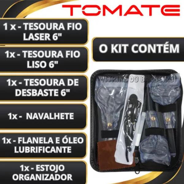 Kit Tesouras + Desbastadeira 6.0 Para Barbearia Cabeleireiro - Tomate Imagem de Kit Tesouras + Desbastadeira 6.0 Para Barbearia Cabeleireiro