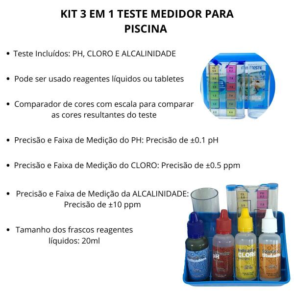 Imagem de Kit Teste 3 em 1 Medidor Ph Cloro Alcalinidade Agua Piscinas