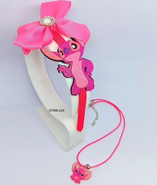 Imagem de Kit Tiara Infantil  Arquinho com Laço de Cabelo Personagem Disney + Colar Desenho animado Lilo Stitch