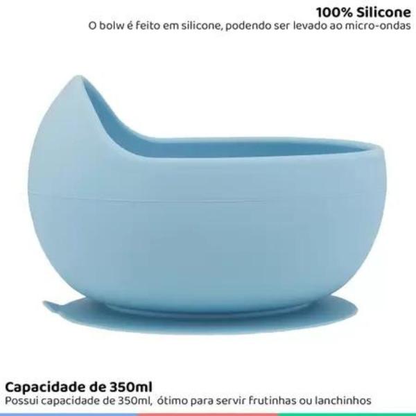 Imagem de Kit Tigela Bowl 350ml Com Ventosa E Colher Em Silicone BLW Bebê Azul Buba