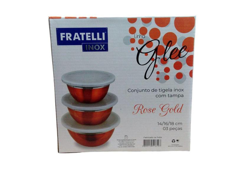 Imagem de Kit Tigelas Em Inox com Tampa Rosé Gold 3 Peças