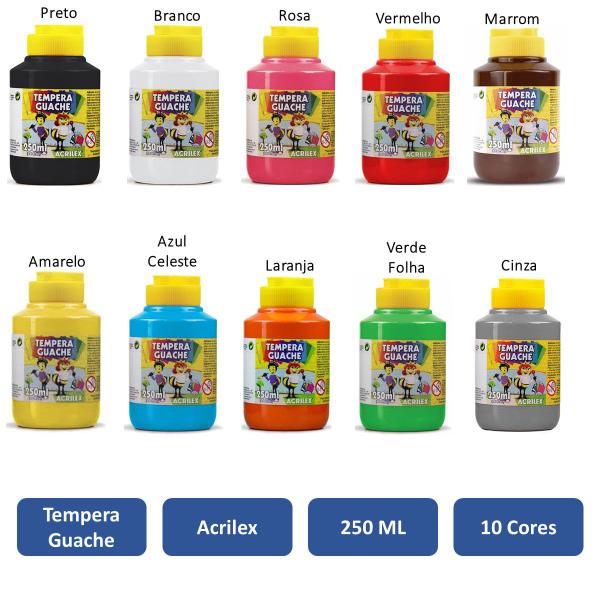 Imagem de Kit Tinta Guache 250ml Tempera 10 Cores Básicas Escolar Acrilex Ensino Fundamental Educação Infantil Básica