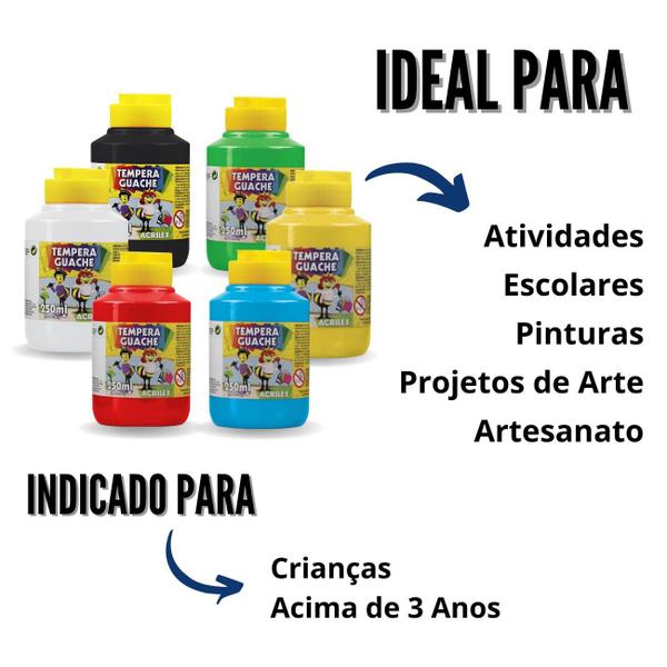 Imagem de Kit Tinta Guache Tempera 6 Cores 250ml Acrilex Escolar Infantil Ideal para atividades de Pintura Artes Artesanato