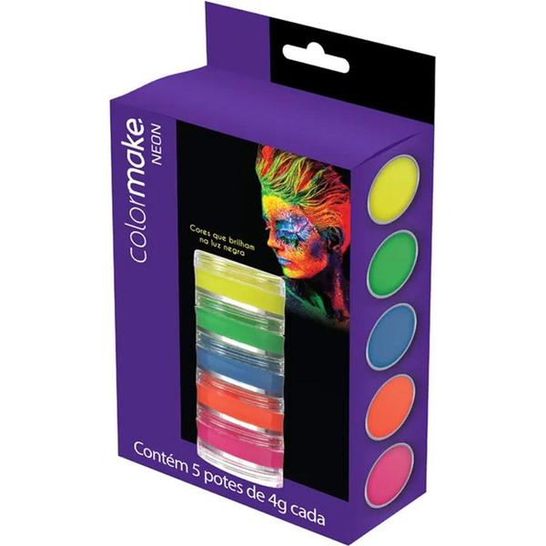 Imagem de Kit Tinta para Rosto Cremosa Neon 4g com 5 Cores - Colormake