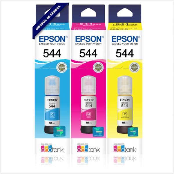 Imagem de Kit Tintas Ciano Amarela Magenta Original Epson T544 Compatível L1110 L3110 L3150 L3160 L3210 L3250 L3260 L5190 L5290