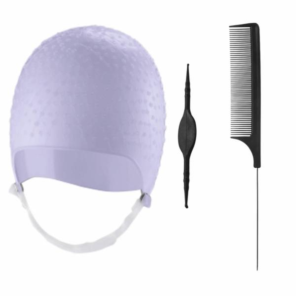 Imagem de Kit Tintura Coloração Touca e Pente Separador de Mechas Luzes Silicone Agulha Dompel