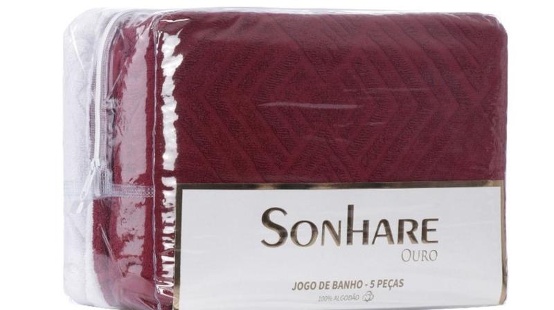 Imagem de Kit Toalha Banho Rosto Tapete 05 Peças Sonhare Ouro Malbec e Branco Sultan