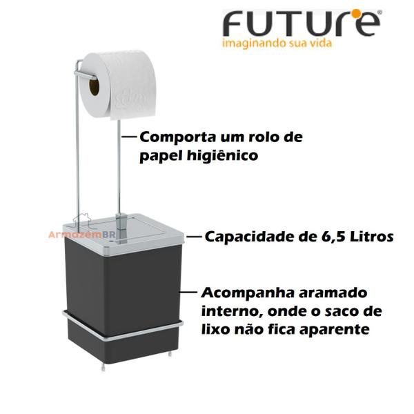 Imagem de Kit Toalheiro Duplo De Bancada Suporte Papel Higiênico Com Lixeira 6,5L Preto Cromado - Future