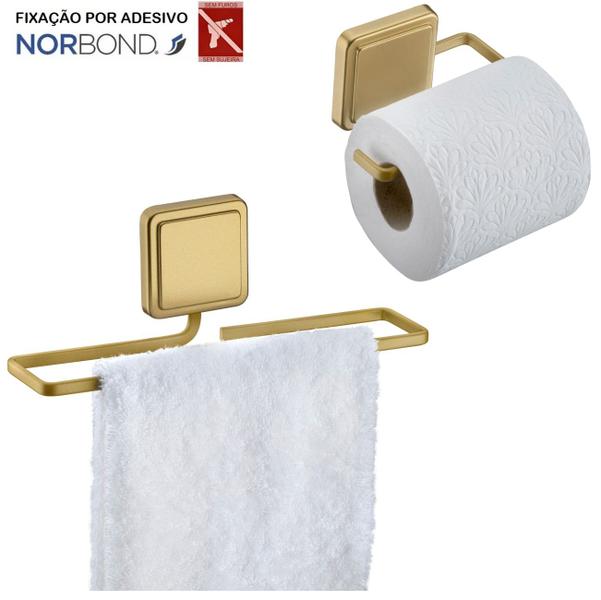 Imagem de Kit Toalheiro Rosto Porta Toalha Suporte Papel Higiênico Banheiro Adesivo Dupla Face Dourado - Future