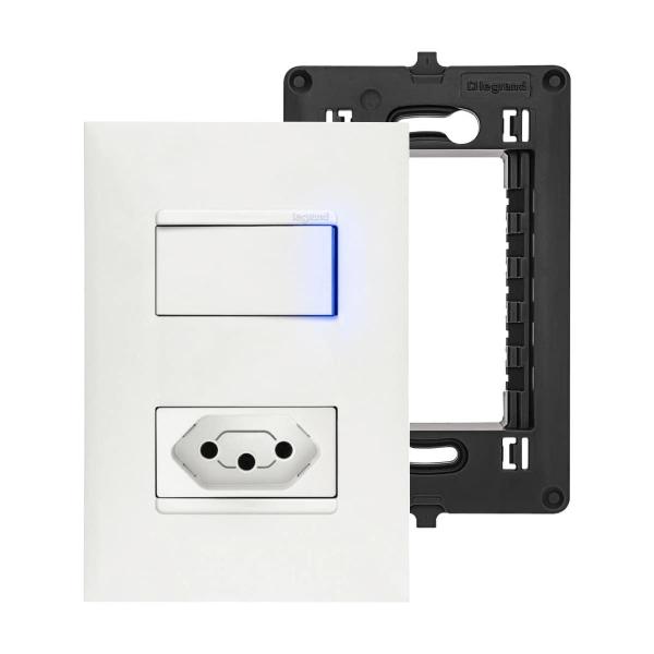 Imagem de Kit Tomada 20A 2P+T Interruptor Simples com Led Placa e Suporte 4x2 Branco PLUS+