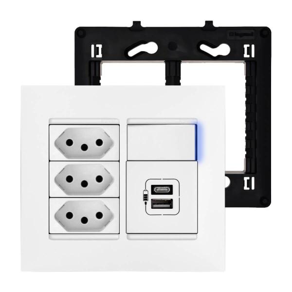 Imagem de Kit Tomada 4x4 Triplex 10A + Interruptor com LED e Carregador USB C+A Pial Plus+