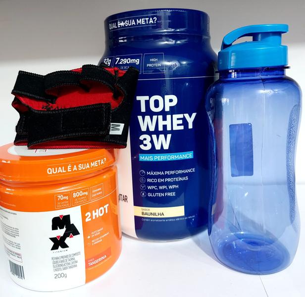 Imagem de Kit - top whey 3W sabor baunilha + 2hot sabor tangerina + luva + garrafa