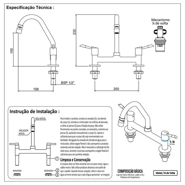 Kit Torneira Cozinha Bancada Cromada Luxo 1/4V + 2 Flexíveis - Shophidraulica Imagem de Kit Torneira Cozinha Bancada Cromada Luxo 1/4V + 2 Flexíveis