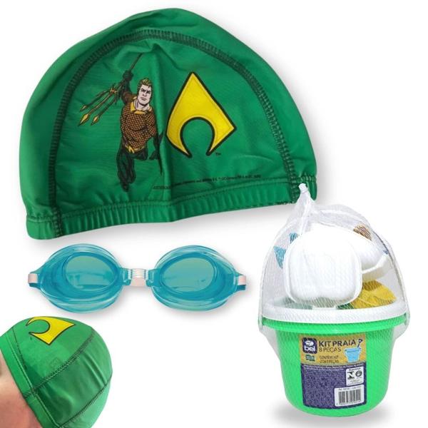 Imagem de Kit Touca de Natacao Infantil Aquaman + Oculos de Natacao + Baldinho de Praia com 8 Pecas em Cores Sortidas