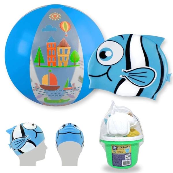 Imagem de Kit Touca Infantil Peixinho + Bola Inflavel Azul 40 Cm + Baldinho de Praia com 8 Pecas Sortidas