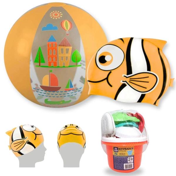 Kit Touca Infantil Peixinho + Bola Inflavel Laranja 40 Cm + Baldinho de Praia com 8 Pecas Sortidas Imagem de Kit Touca Infantil Peixinho + Bola Inflavel Laranja 40 Cm + Baldinho de Praia com 8 Pecas Sortidas