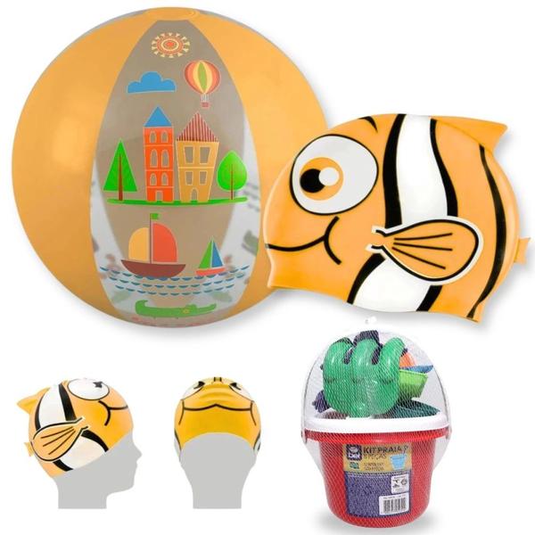 Kit Touca Infantil Peixinho + Bola Inflavel Laranja 40 Cm + Baldinho de Praia com 8 Pecas Sortidas Imagem de Kit Touca Infantil Peixinho + Bola Inflavel Laranja 40 Cm + Baldinho de Praia com 8 Pecas Sortidas