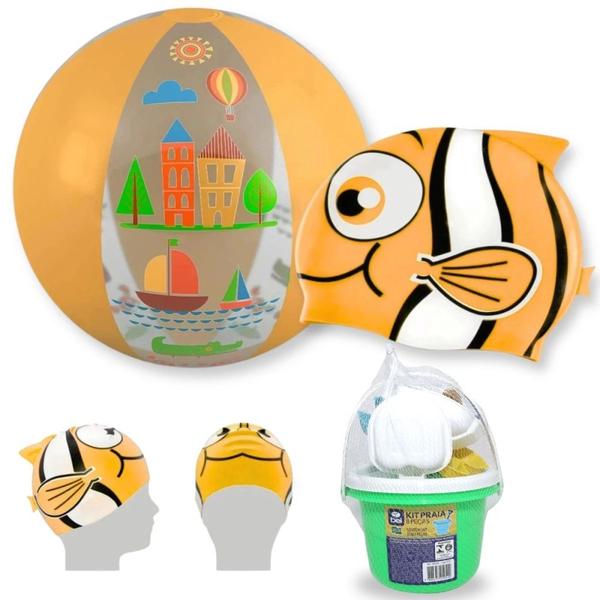 Kit Touca Infantil Peixinho + Bola Inflavel Laranja 40 Cm + Baldinho de Praia com 8 Pecas Sortidas Imagem de Kit Touca Infantil Peixinho + Bola Inflavel Laranja 40 Cm + Baldinho de Praia com 8 Pecas Sortidas