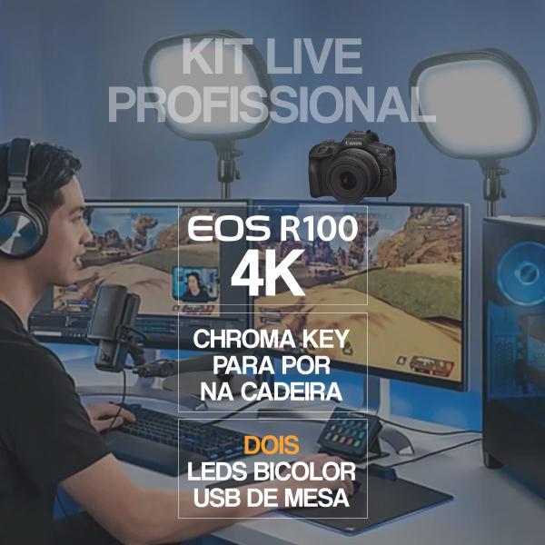 Imagem de Kit Transmissão Ao Vivo Câmera Canon R100 Com Lente 18-45mm + 2 Luz Led Mesa + Chroma Key