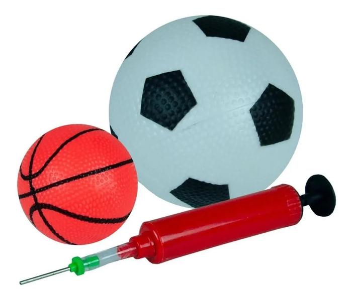 Imagem de Kit Trave De Futebol e Tabela De Basquete Mini Golzinho Cesto Aro 2 em 1 Gol Com 2 Bolas e Bomba Infantil