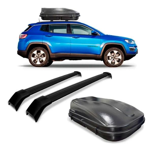 Kit Travessa Bagageiro Jeep Compass Preto + Maleiro 510 Litros - SP RACK Imagem de Kit Travessa Bagageiro Jeep Compass Preto + Maleiro 510 Litros