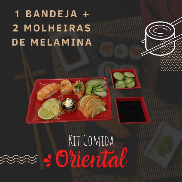 Imagem de Kit Travessa Bandeja Para Comida Japonesa Melamina Vermelho e Preto