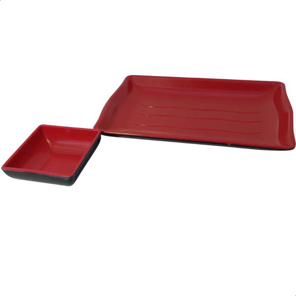 Imagem de Kit Travessa Bandeja Para Comida Japonesa Melamina Vermelho e Preto