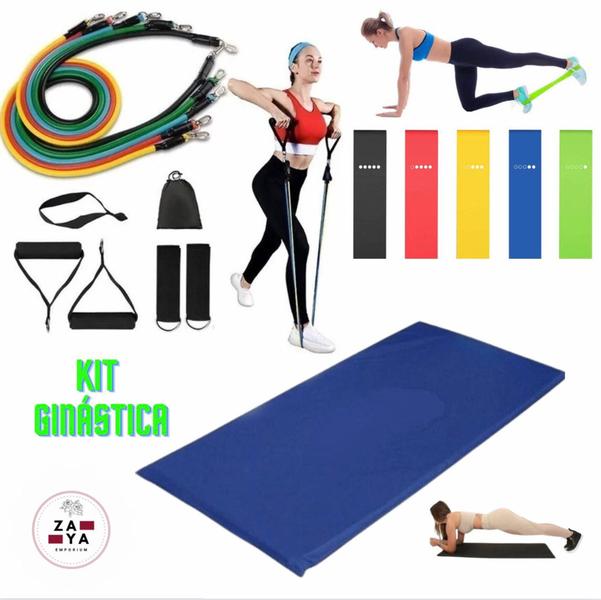 Imagem de Kit Treino Com Elástico De 11 Peça + Colchonete + 5 Mini Band