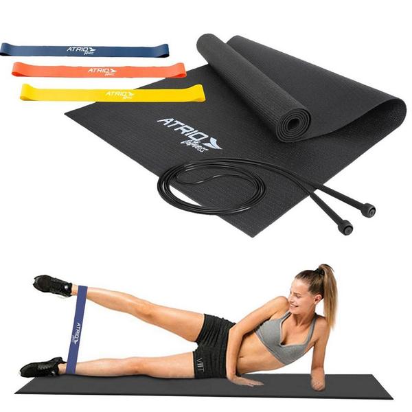 Imagem de Kit Treino Tapete Corda 3 Mini Thera Bands Faixa Fita Elástica Fitness Academia Alongamento Yoga