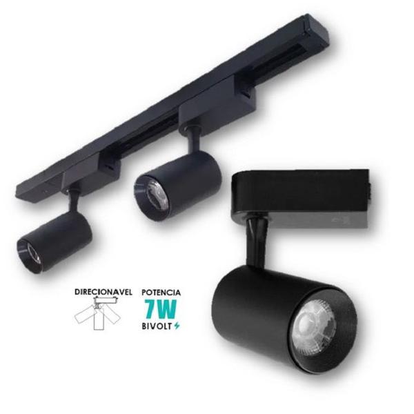 Imagem de Kit Trilho 1 Metro Preto Eletrificado Com 2 Spots Led 7W 6500K