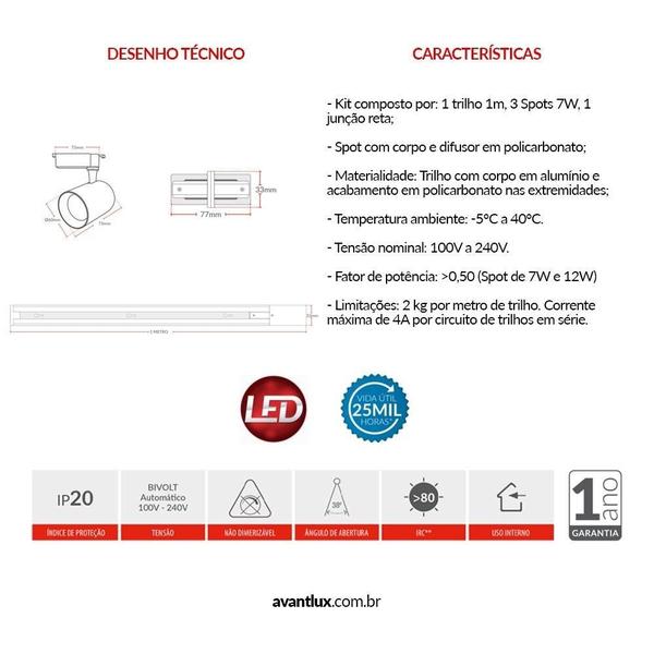 Imagem de Kit Trilho Elegance Branco Fosco Para 3 Lâmpadas De 7W 3000K Emissão De Luz Amarela Avant