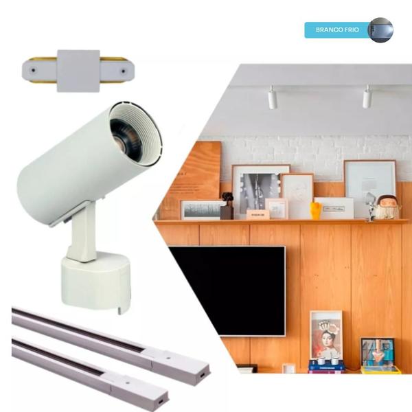 Imagem de Kit Trilho Eletrificado 2 Metros Branco com 5 Spots LED 7W Luz Branco Frio (6000K)