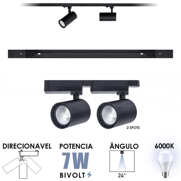 Imagem de Kit trilho eletrificado 50cm + 2 spots 7w preto frio 6000k bivolt direcionavel