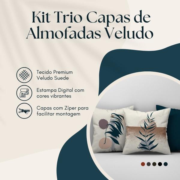 Imagem de Kit Trio Capas de Almofadas Estampadas Folhas em Veludo Suede 45cm x 45cm - Decoração para Sala