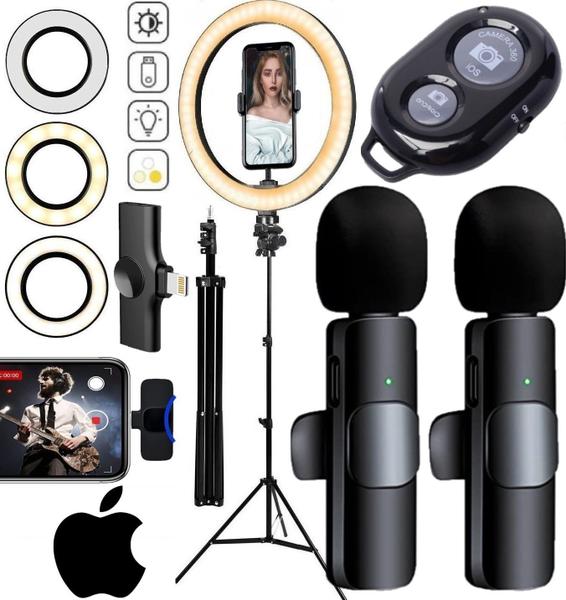 Imagem de Kit Tripé Profissional Pedestal Universal Celular Microfone Duplo Sem Fio iPhone Gravação Vídeo Luz Ring Light Luminária