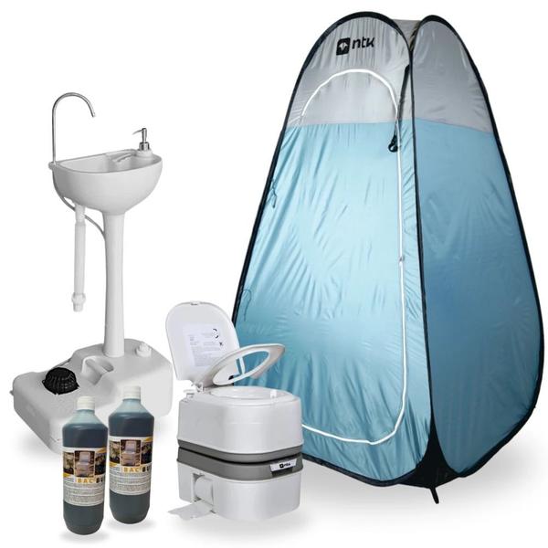 Imagem de Kit Trocador Banheiro Pop Up + Vaso Porta Potti 24 L Ecocamp + Pia Lavatorio 17 L + 2 Solventes  Nautika 