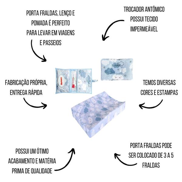 Imagem de Kit Trocador Impermeável + Porta Fralda Lenço Pomada + Travesseiro Anatômico 03 Peças