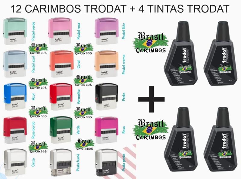 Imagem de Kit Trodat de Carimbos e Tintas  12 Unid. Trodat 4911 S/gravação + 4 Unid. Tintas Trodat Cor Preta