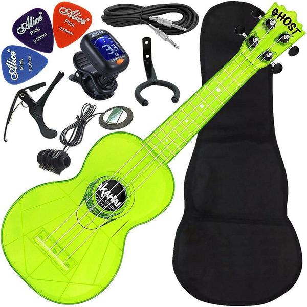 Imagem de Kit Ukulele Akahai Ghost Soprano Elétrico Hawaii Lemon