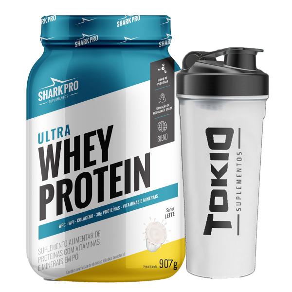 Imagem de Kit Ultra Whey Protein Sabor Leite 907g Shark Pro + Coqueteleira Tokio Transparente 600ml