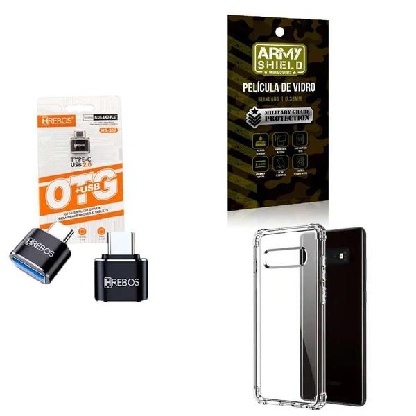 Imagem de Kit Usb Para Tipo C + Capinha Samsung S10 + Película 3D