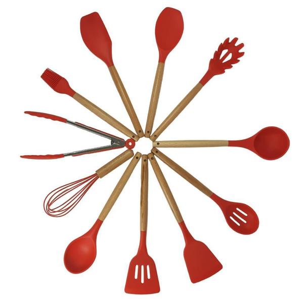 Imagem de Kit Utencílios Cozinha Silicone Suporte 12 Peças Vermelho