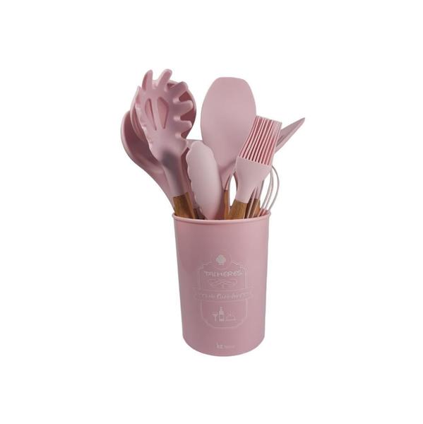 Imagem de Kit Utencílios De Cozinha Silicone Com Suporte Rosa 12 Peças