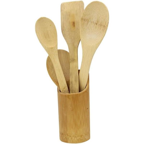 Imagem de Kit Utensilio Cozinha Espátula Colher Suporte Bambu