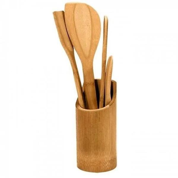 Imagem de Kit Utensílio De Madeira Colher Talheres De Bambu 4 Pç - Kehome